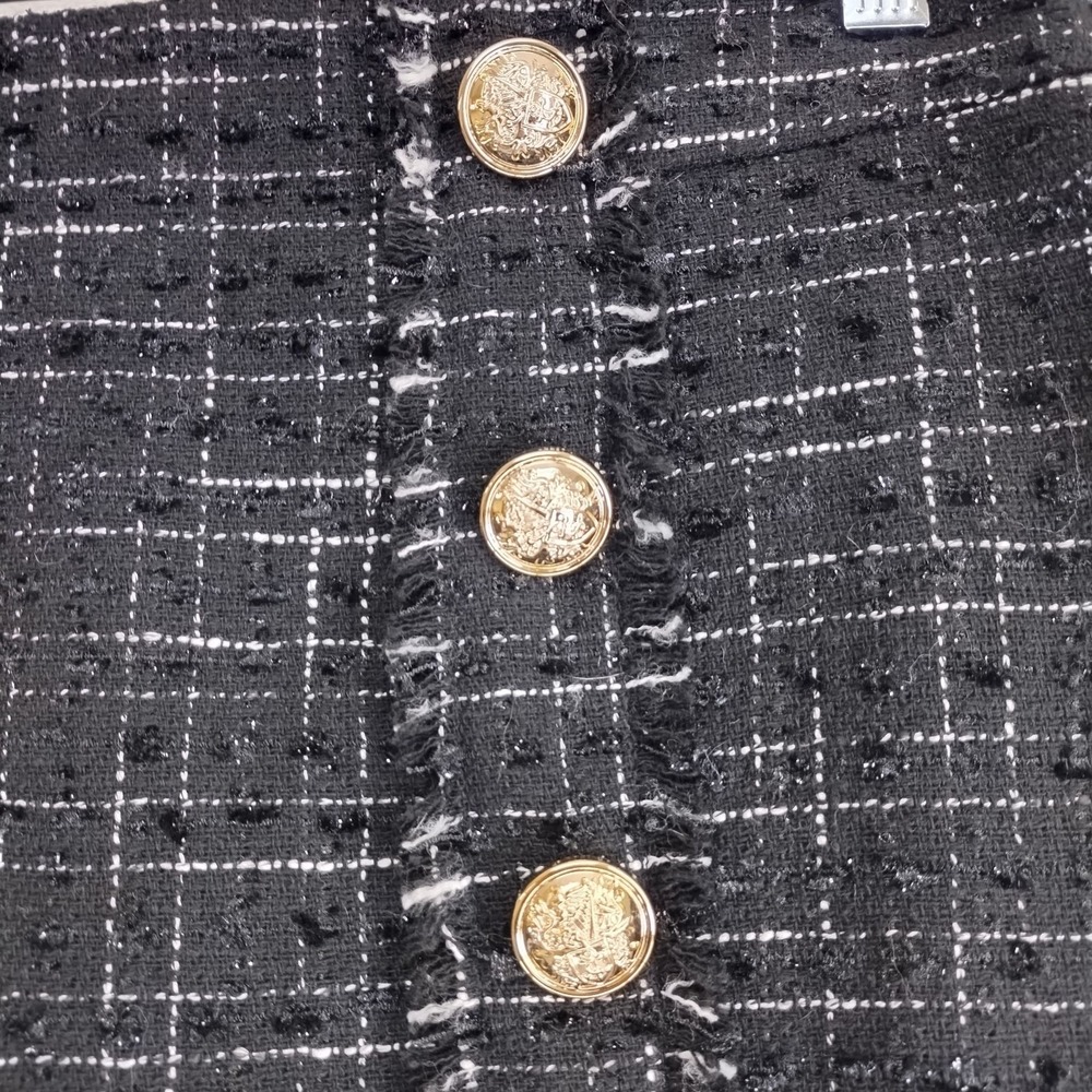 Suzy Shier Skirt Womens 1/2 Black Tweed Mini Fringe Gold Buttons DoubleBreasted
